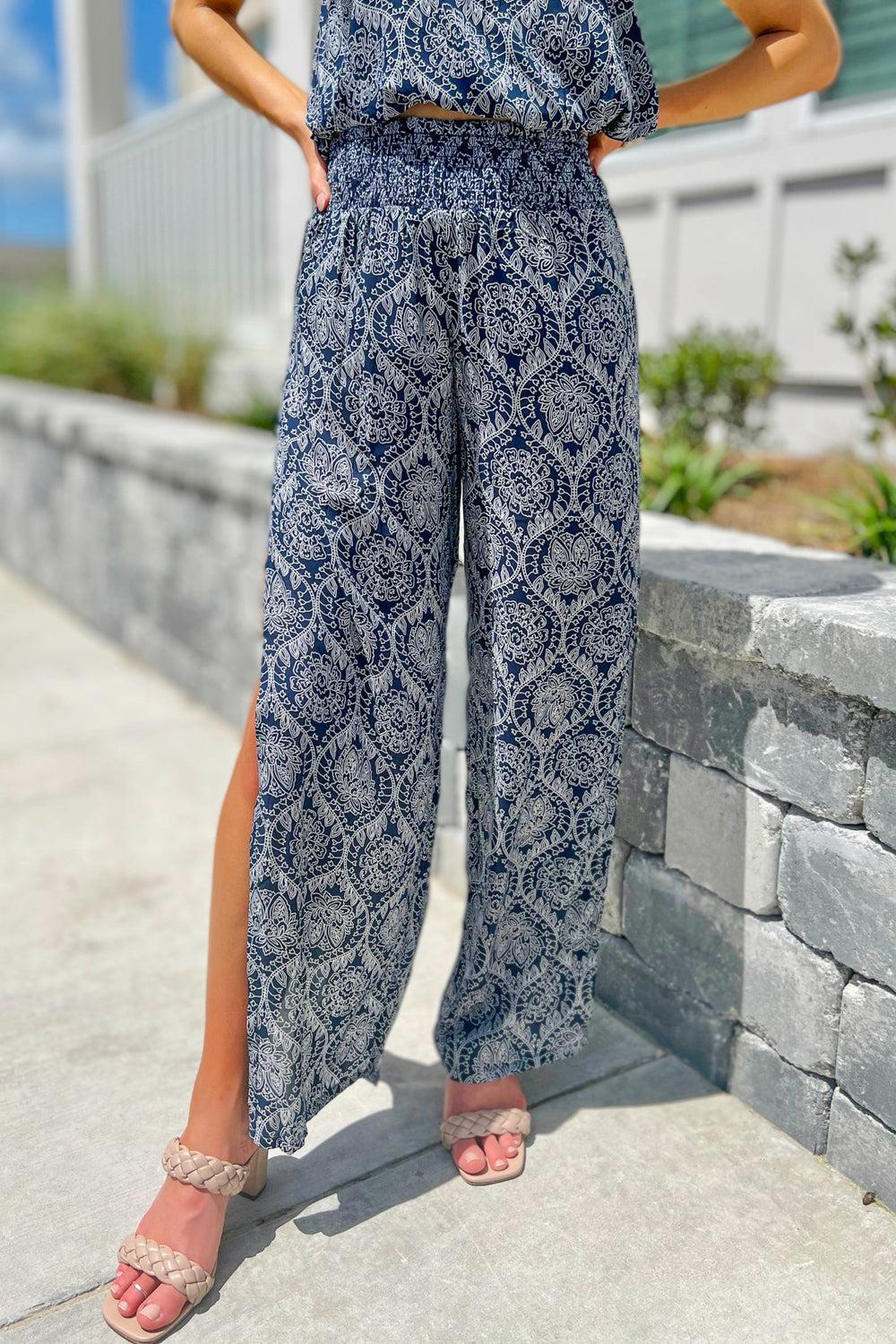 Navy Blue Floral Print Pants - Wide-Leg Pants - Side Slit Pants